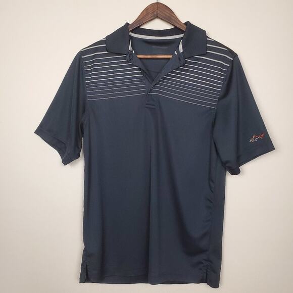 Greg Norman for Tasso Elba Black Gray Striped Active Golf Polo Shirt Mens Medium - Picture 1 of 5